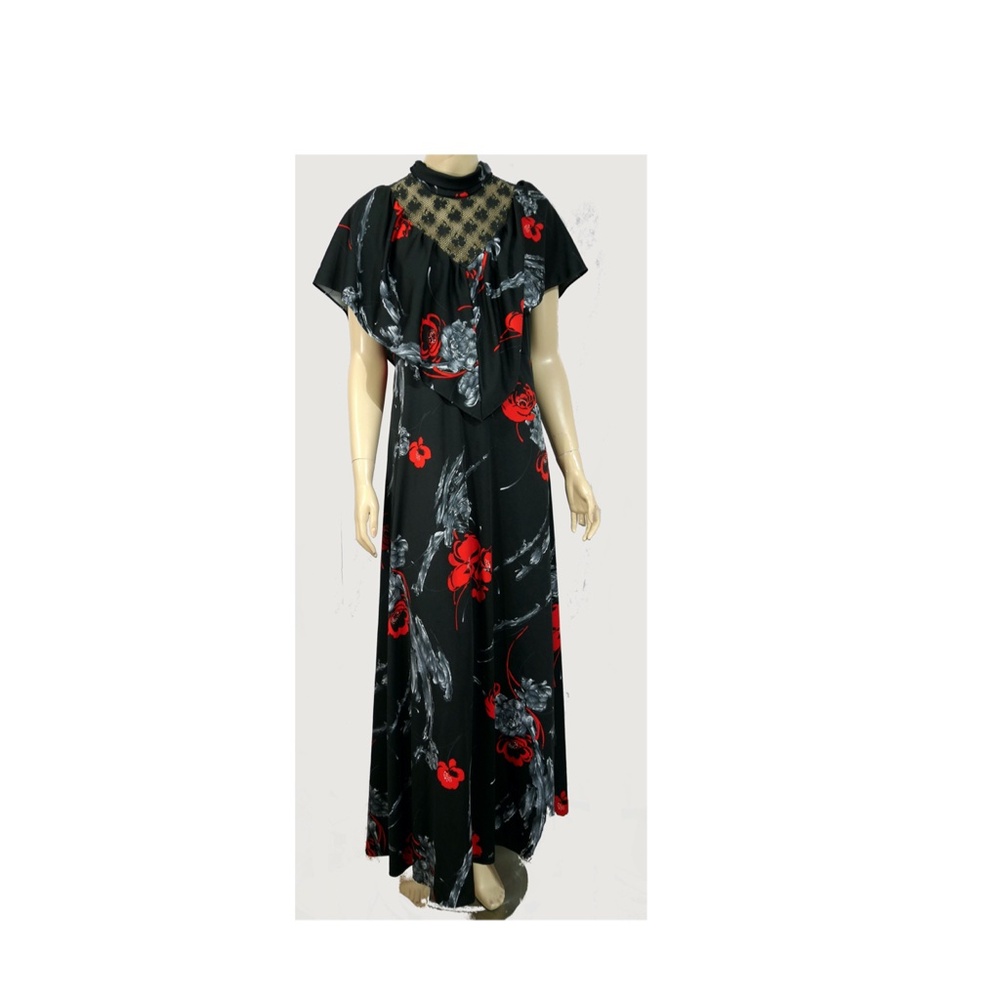 Vintage 70s Maxi Dress Lace Cape Sleeve Retro Goth Red Black Sz M S/M